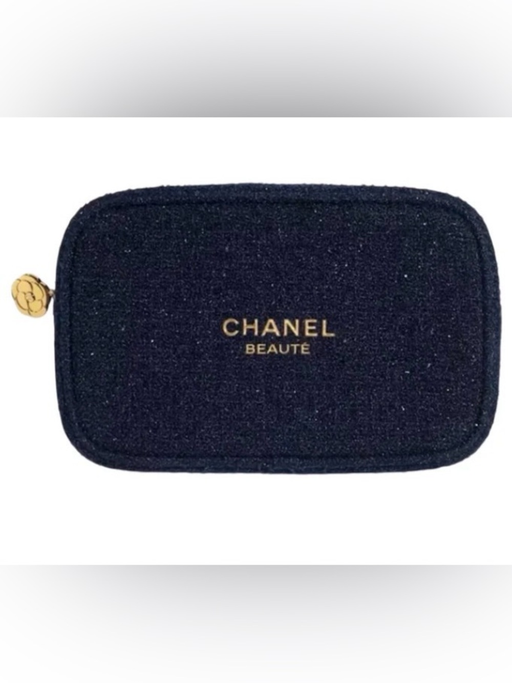CHANEL Navy Blue Tweed Beaute cosmetic bag with Gold Logo